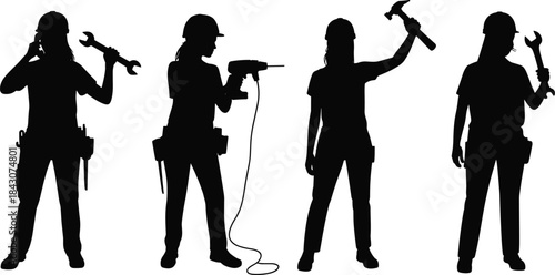 Four black silhouettes of women construction workers with tools and hard hats Keywords: woman, worker, construction, builder