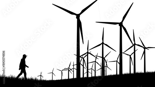 Black Silhouette of Farmer Walking Past Large Wind Turbine Generators on Grassy Field Illustrating Renewable Energy, Agriculture, Rural Life, and Sustainable Future Vector