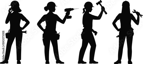 Silhouettes of women construction workers with tools and equipment on white background builder