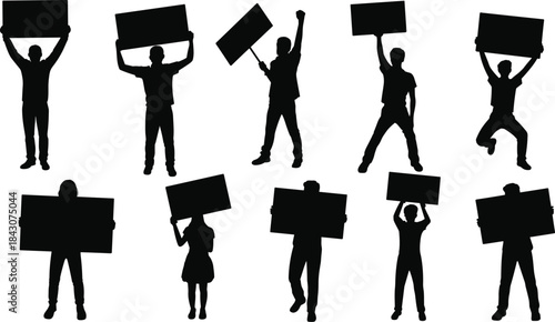 Silhouettes of people holding blank signs and banners on white background vector illustration