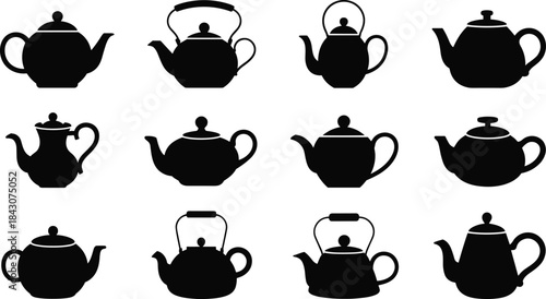 Twelve black silhouette teapots and kettles in different styles on a white background drink beverage