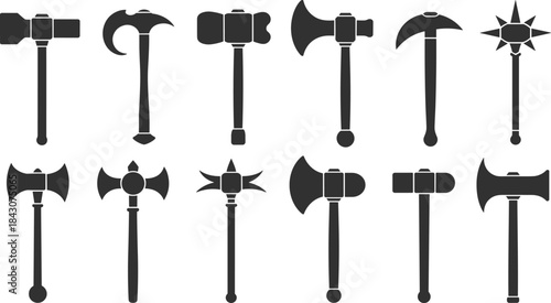 Twelve black silhouettes of medieval weapons including axes hammers and maces Keywords: weapon, medieval, axe, hammer, mace, war