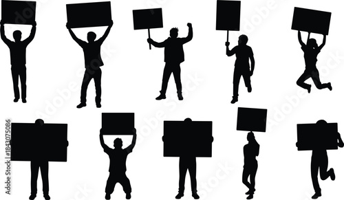 Ten black silhouettes of people holding protest signs and banners Keywords: protest, demonstration, rally, sign, banner, holding