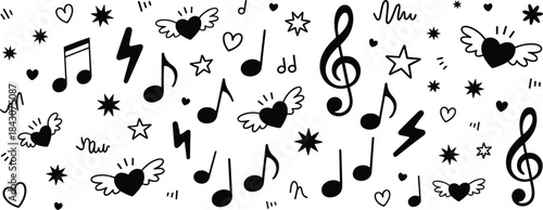 Whimsical Black And White Doodle Pattern Of Musical Notes Hearts And Stars treble clef
