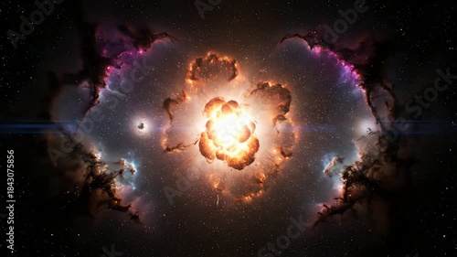 Spectacular cosmic explosion and birth of a nebula in a star-filled universe animation