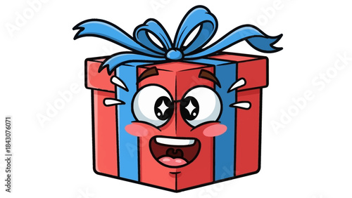 A cheerful cartoon red gift box with a blue ribbon and an excited, happy face.