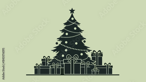 A festive silhouette of a decorated Christmas tree surrounded by numerous wrapped presents, set against a light green background.