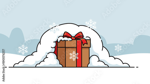 A brown gift box with a red ribbon and bow, partially covered in snow with falling snowflakes in a winter landscape.