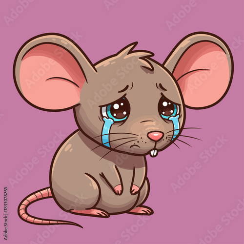 crying cartoon mouse illustration shedding blue tears expressing deep sadness on purple ideal for childrens emotional learning.