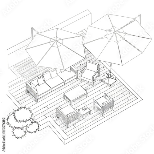 isometric outdoor patio lounge furniture layout with umbrellas on wooden deck detailed architectural line drawing for garden design plans