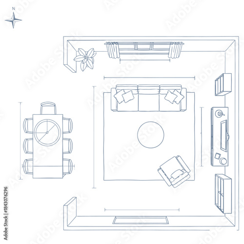 living room and dining room floor plan layout with sofa armchair rug and table top view blueprint for interior design projects