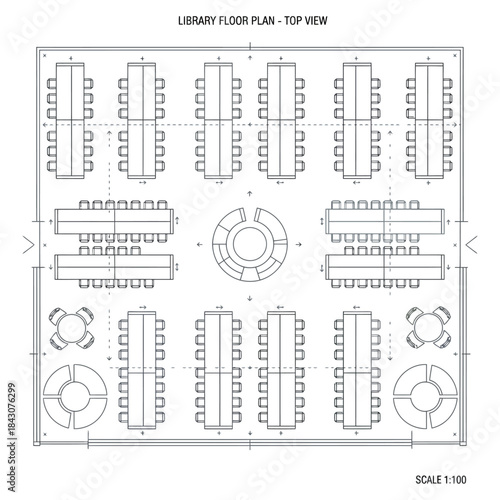 library floor plan top view with study tables and bookshelves architectural blueprint layout for interior design and space planning