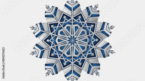 Intricate blue and silver geometric snowflake design with a metallic 3D effect, showcasing radial symmetry and complex patterns.