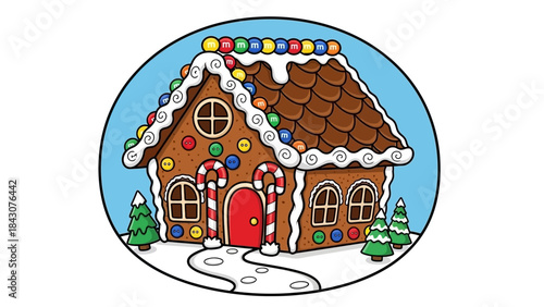 A charming cartoon gingerbread house adorned with colorful candies and white icing, evoking a festive holiday spirit.