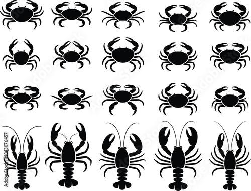 Collection of crab and lobster silhouettes, vector illustration showing marine seafood animals in various poses for seafood design, ocean theme, and restaurant decoration
