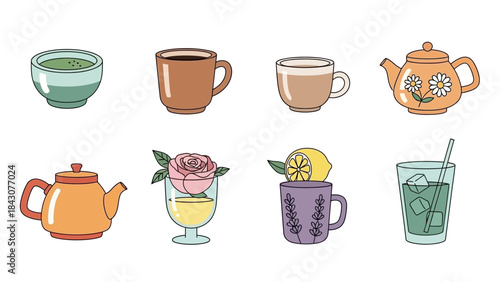 Set of tea and coffee cups with hot beverages vector illustration