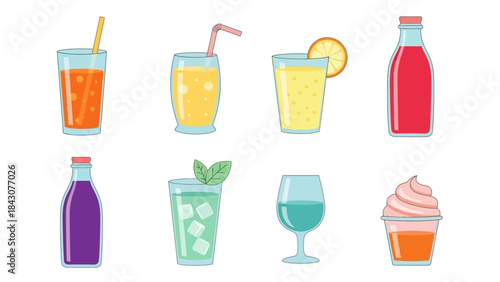 Set of colorful cocktail and drink icons in glasses with different beverages and bar drinks illustration