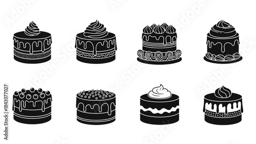 Set of 8 black cake and cupcake icons with sweet dessert designs for birthday and celebration illustrations