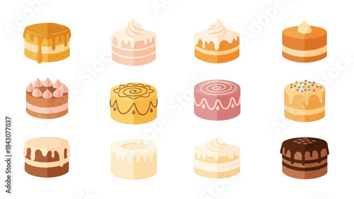 Set of 12 cakes and cupcakes with sweet dessert designs for bakery illustration