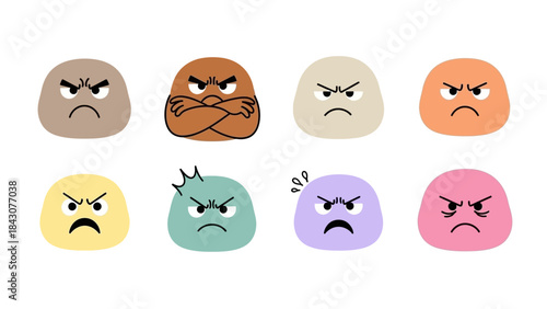 Set of 8 Grumpy Cartoon Faces Icons Vector Illustration