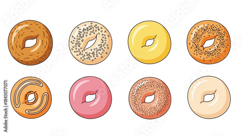 Set of Bagel 8 icons with sweet dessert symbols in vector illustration on white background