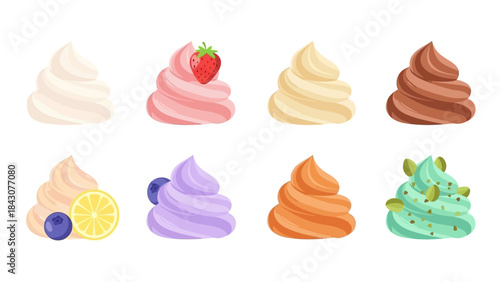 Swirls of Delight: A vibrant collection of stylized cream swirls, each adorned with a unique flavor and garnish, offering a tempting visual feast.