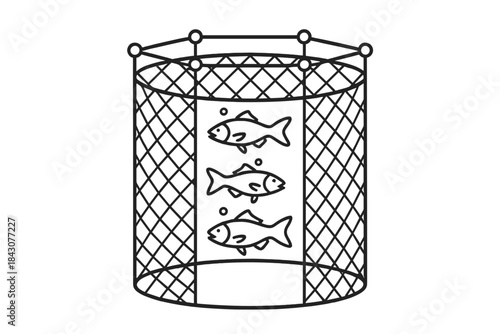 Fish farming net containing several fish in an aquatic environment  