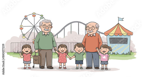 Grandparents with children smiling at amusement park in summer  