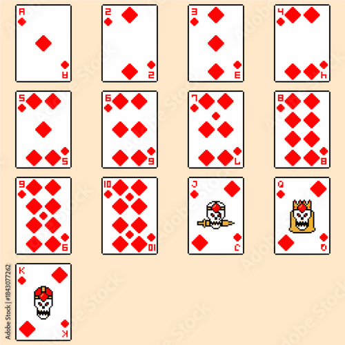 Full Set of Pixel Art Diamond Playing Cards, Retro 8-bit Gaming Sprite Collection
