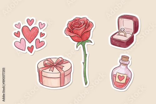 Love-themed doodles including rose, hearts, gift box, and ring  