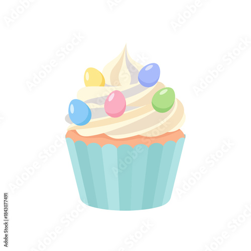 Sweet Easter Cupcake Decorated with Colorful Candy Eggs