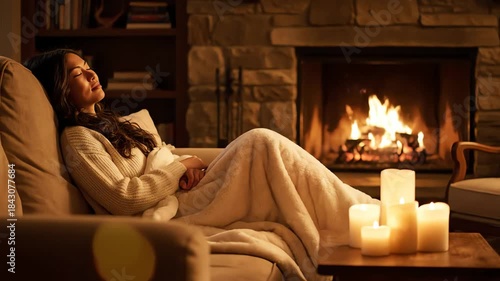 Peaceful woman relaxes by a warm fireplace and candles feeling cozy and content