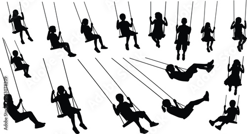 Vector set of children swinging silhouettes showing playful motion, joy, outdoor activity, and dynamic playground movement
