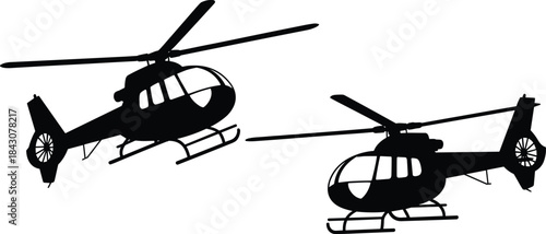 Silhouette of two helicopters flying in air, aviation concept, transportation, military aircraft, travel vehicle, and air rescue vector illustration