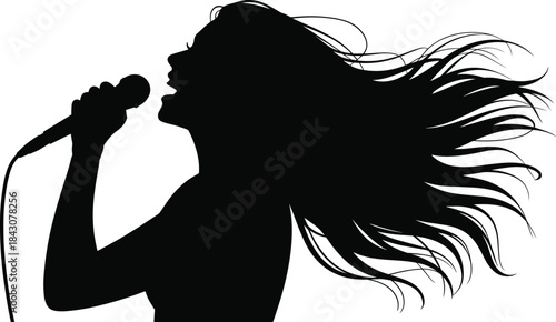 Silhouette of woman singing with microphone and flowing hair isolated on white background for music, concert, and performance vector illustration.
