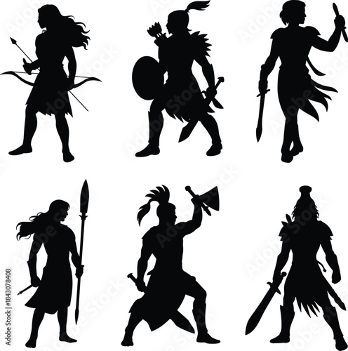 Silhouette set of ancient tribal warriors with swords, shields, spears, and axes, heroic battle poses vector illustration for historical design