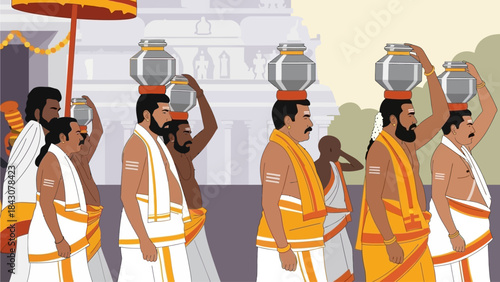 This flat design vector illustration showcases devotees carrying milk pots as offerings during the Thaipusam festival, emphasizing unity and devotion