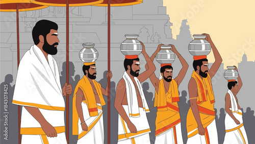 This flat design vector illustration showcases devotees carrying milk pots as offerings during the Thaipusam festival, emphasizing unity and devotion