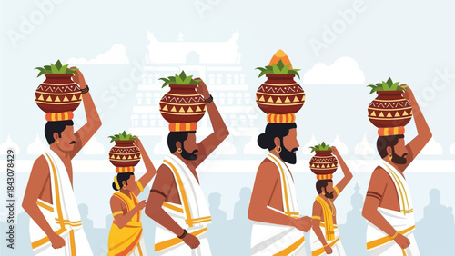 This flat design vector illustration showcases devotees carrying milk pots as offerings during the Thaipusam festival, emphasizing unity and devotion