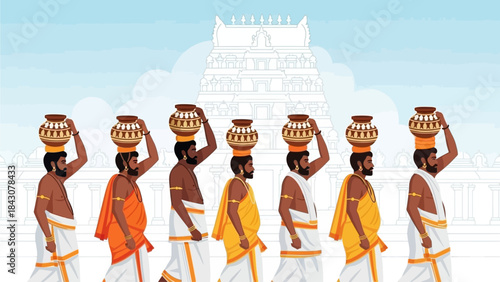This flat design vector illustration showcases devotees carrying milk pots as offerings during the Thaipusam festival, emphasizing unity and devotion