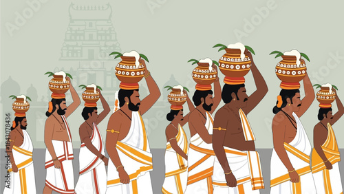 This flat design vector illustration showcases devotees carrying milk pots as offerings during the Thaipusam festival, emphasizing unity and devotion