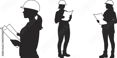 Silhouette vector illustration of female engineers wearing safety helmets holding blueprints, representing construction site, architecture, planning, and engineering design