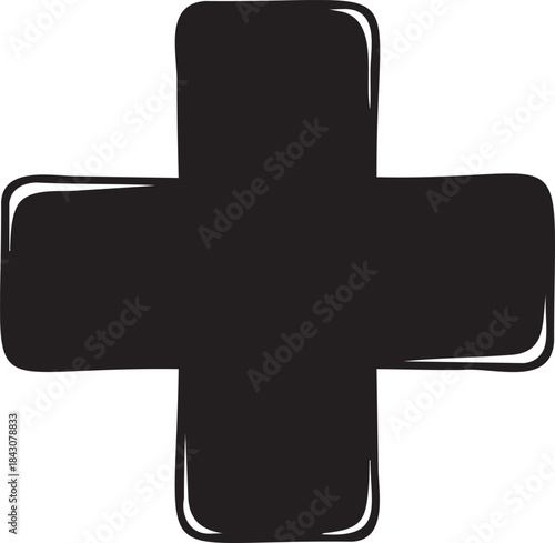 Bold black plus sign symbol with rounded corners and hand drawn outline white