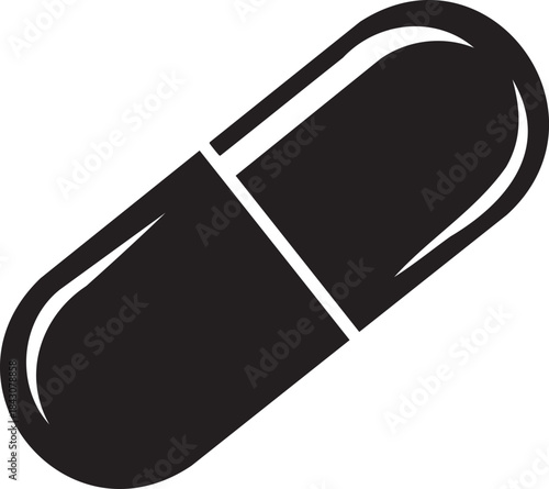 Black silhouette of a single capsule on white background pill medicine