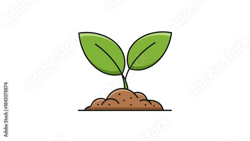 A simple cartoon illustration of a green plant sprout with two leaves growing from a mound of brown soil.