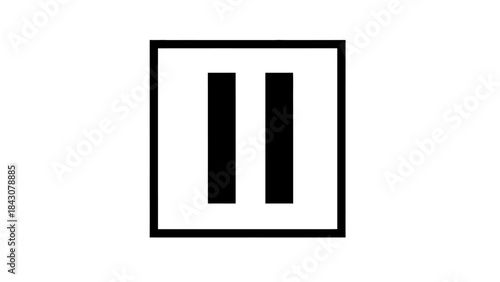 A minimalist black and white pause symbol, featuring two vertical parallel bars, centered within a square frame.