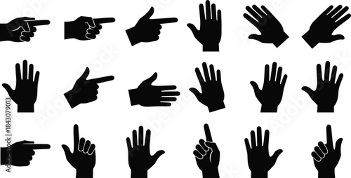 Vector set of hand gesture silhouettes showing communication, pointing, thumbs up, open palm, and symbolic non-verbal expression
