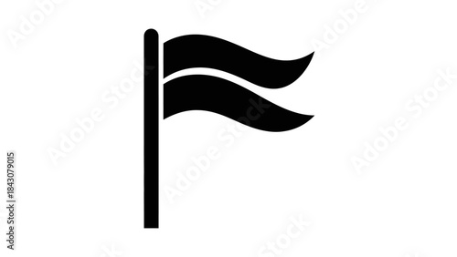 A minimalist black silhouette icon depicting a flag with two distinct wavy sections attached to a vertical flagpole, isolated on a clean white background.