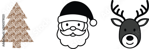 Christmas tree Santa Claus and reindeer icons on white background holiday