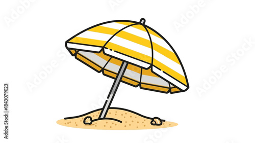 A yellow and white striped beach umbrella stuck in the sand, providing shade on a sunny day.